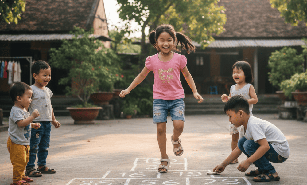 Colorful chalk lines on the ground, laughter echoing through alleys